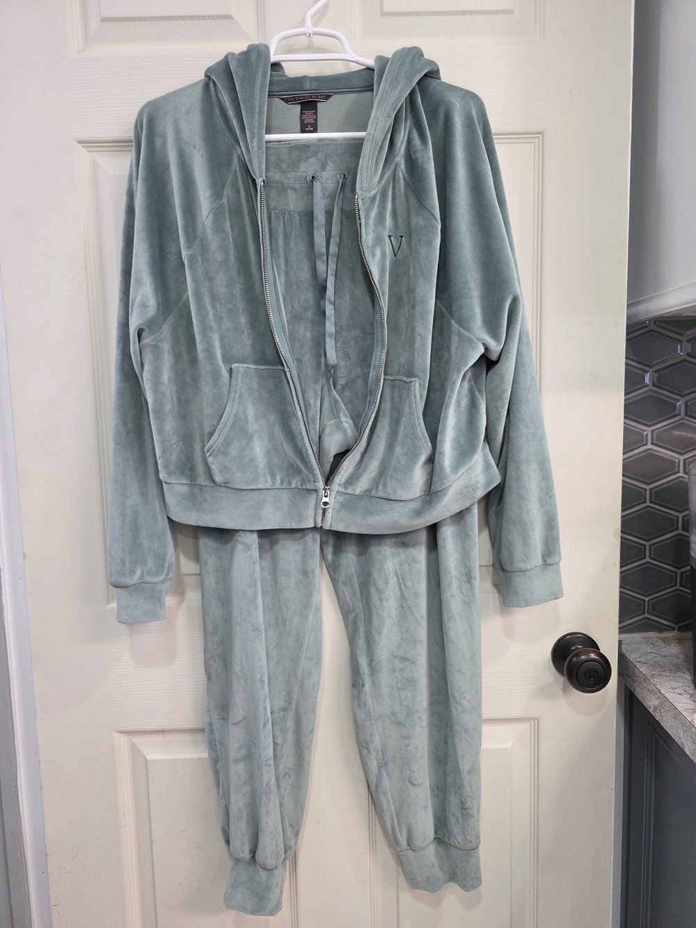 Victoria's Secret Velour Hoodie and Jogger Track Suit Set - Sage Lounge Wear